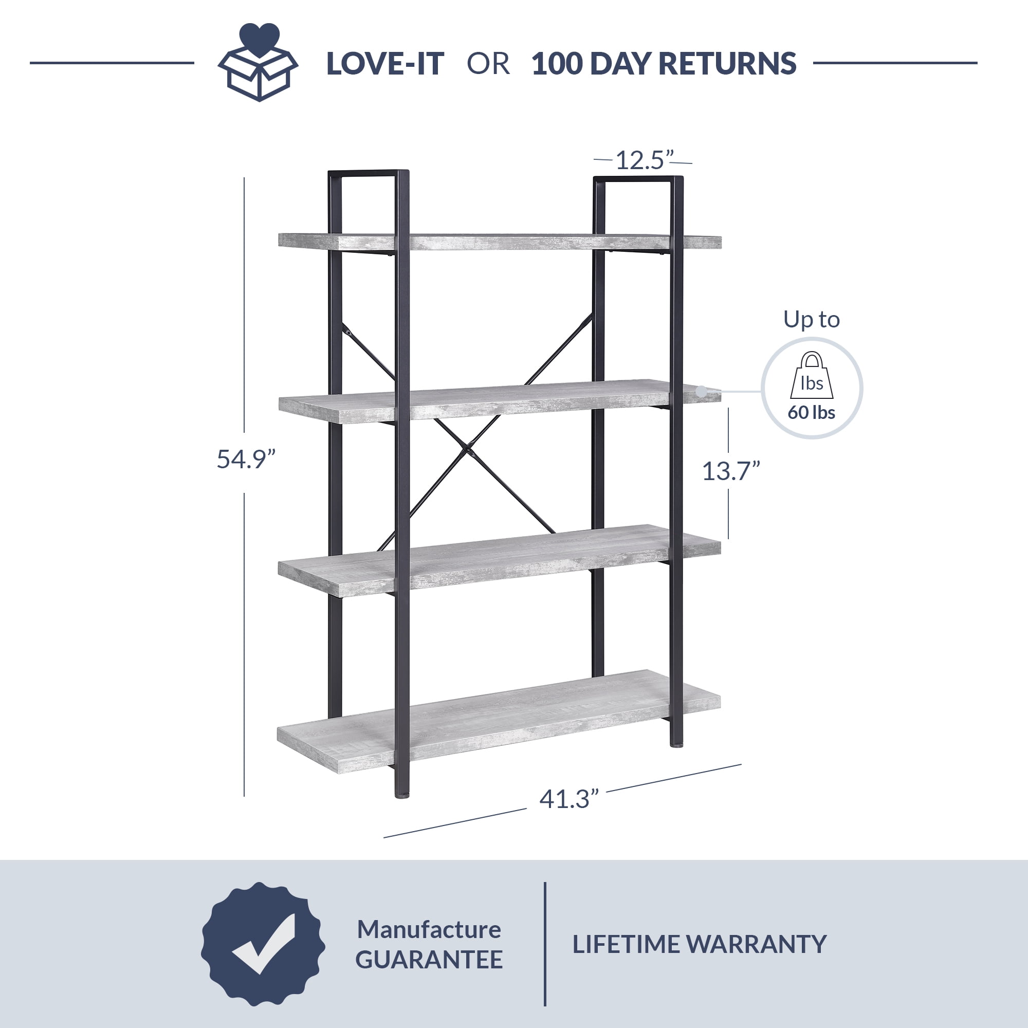 BELLEZE 4 Tier Modern Rustic Industrial Bookshelf - Hazel (Stone Grey)