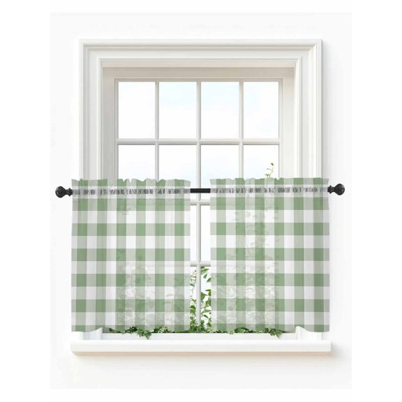 Sage Green Checkered Tier Curtains 36 Inch Length, Sheer Curtains for Bedroom Living Room Window, Farmhouse Buffalo Plaid Rod Pocket Voile Drapes Kitchen Curtains for Small Window 27.5"x36" 2 Panels