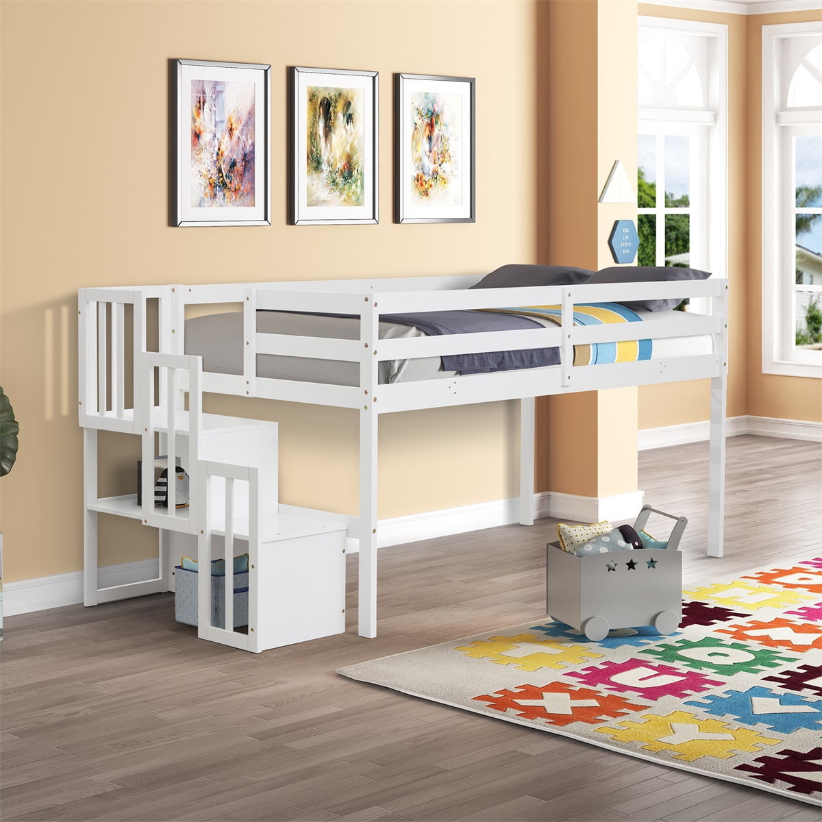 Lowestbest-Staircase Loft Bed with Stairs Storages, Twin Size Solid Wood Bunk Bed for Kids, White Lowestbest-Staircase Loft Bed with Stairs Storages, Twin Size Solid Wood Bunk Bed for Kids, White