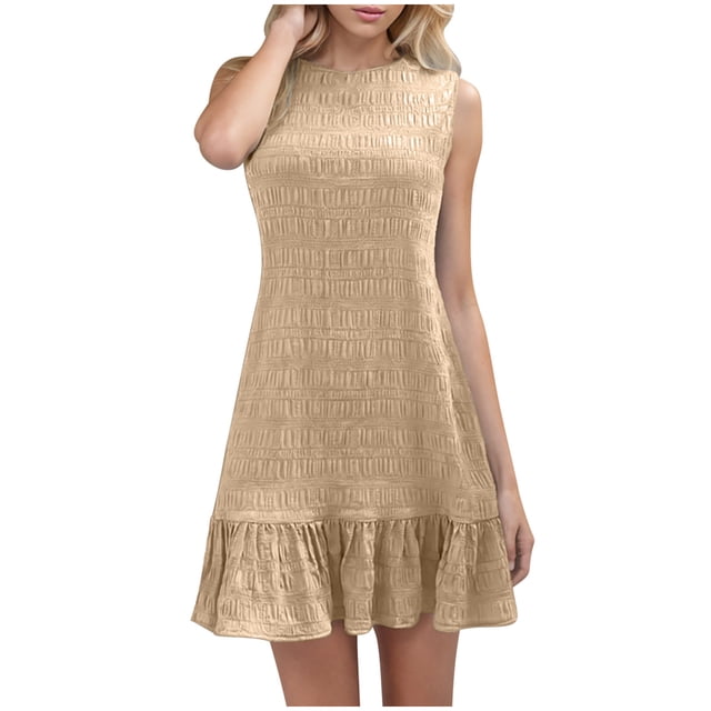 hotojiny Robes Boho pour Femmes 2025 Col Rond Uni Ourlet à Volants Robes Débardeurs Décontractées Texturées Sans Manches Robes d'Été