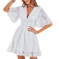 thumbnail image 1 of Vestido con dobladillo con volantes en V profundo Manga acampanada Cintura alta Fruncido Vestido fluido con media manga y volantes elegantes, 1 of 6