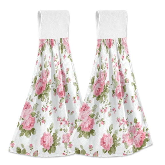 Chic Pink Roses Hanging Towels with Loop Hand Towels Nylon Fastener Tape Design Dish Cloths 2 Pieces