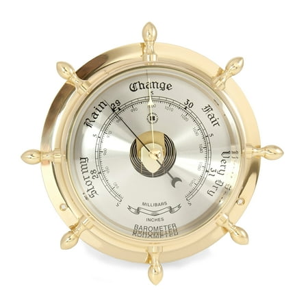 Lacquered Brass Ship's Wheel Barometer with Beveled Glass.