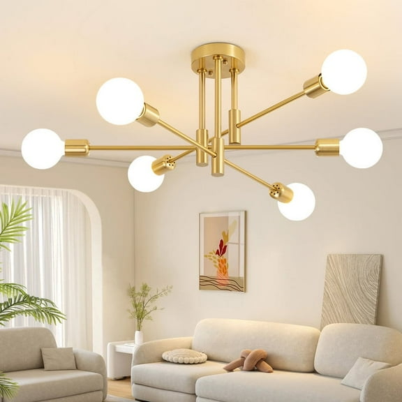 Deyidn Gold 6-Light Sputnik Chandelier - 25 Inch Mid Century Modern Flush Mount Ceiling Light Fixture for Dining Room Kitchen Bedroom