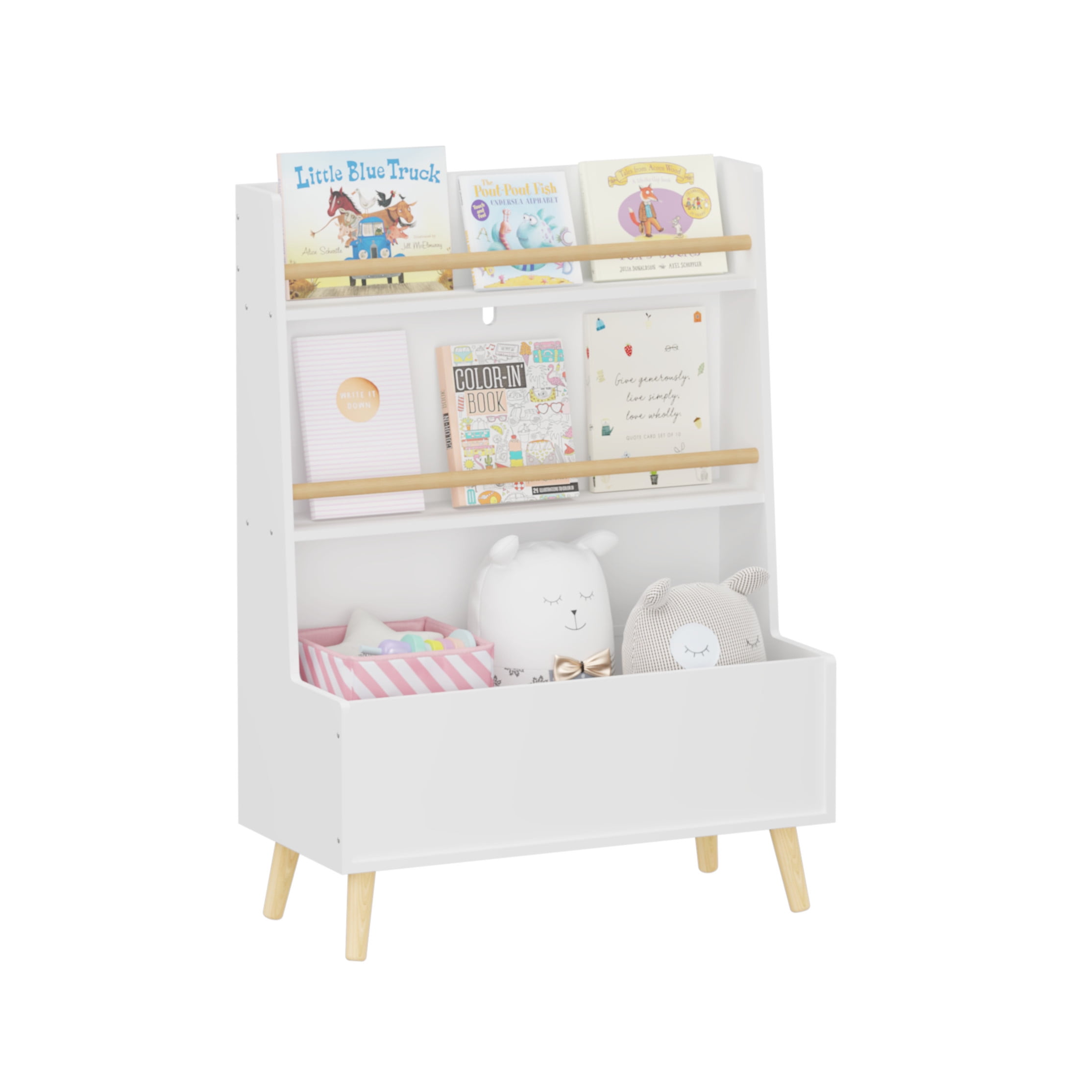 Noble House Solview Kids Bookshelf with Toy Bin, 2-Shelf Book and Magazine Rack Storage Cabinet Organizer, White