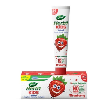 Dabur Herb'L Kids Toothpaste For 2-6 Years (Strawberry Flavour) - 80G | With Kids Toothbrush Free | 50% Less Abrasive For Kids | Strong Teeth, Healthy Gums | Complete Ora