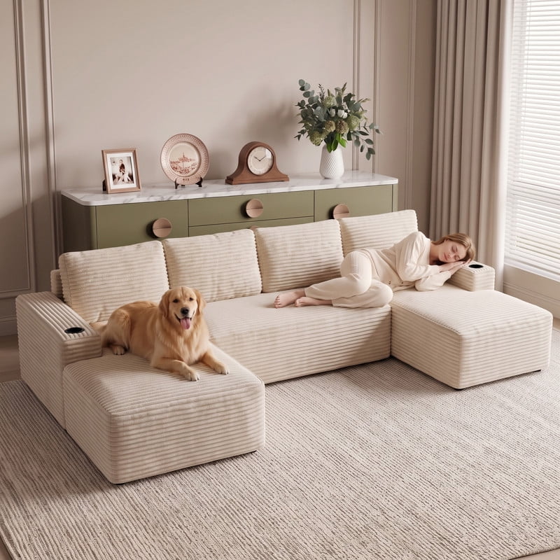 Anpport 133" Boneless Cloud Modular Sectional Couch, Corduroy Sofa with Cup Holders, Side Pockets, Deep Seat, No Assembly Required for Living Room, White (U‑Shaped)