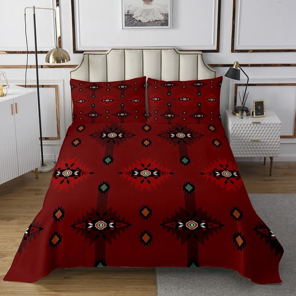 Erosebridal Bohomian Aztec Quilt Sets for King Size Bed, Red Boho Bed Set, Geomrtry Room Decor, 3-Piece
