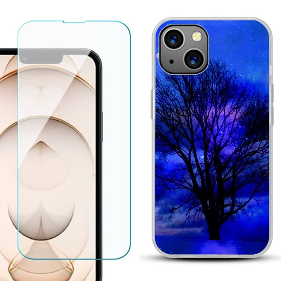 Slim-Fit Flexible TPU Gel Phone Case for iPhone 13, with Tempered Glass Screen Protector, by OneToughShield ® - Night Tree