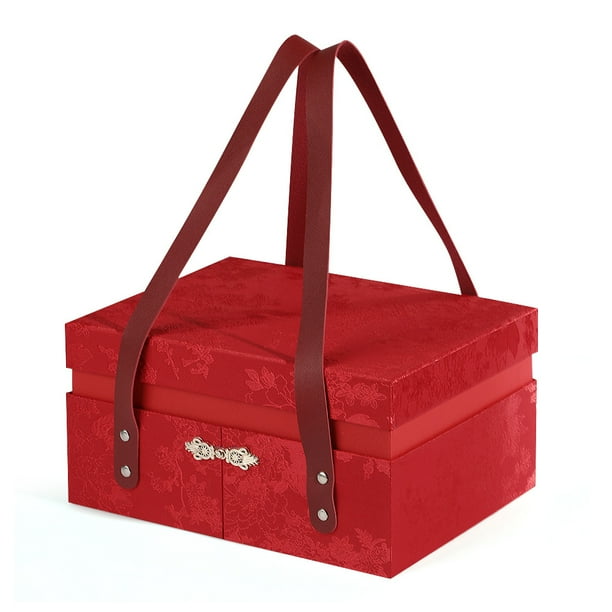 Caja de cartón satinado rojo con asa de estilo chino de 25,5 x 19,5 x 13,2 cm