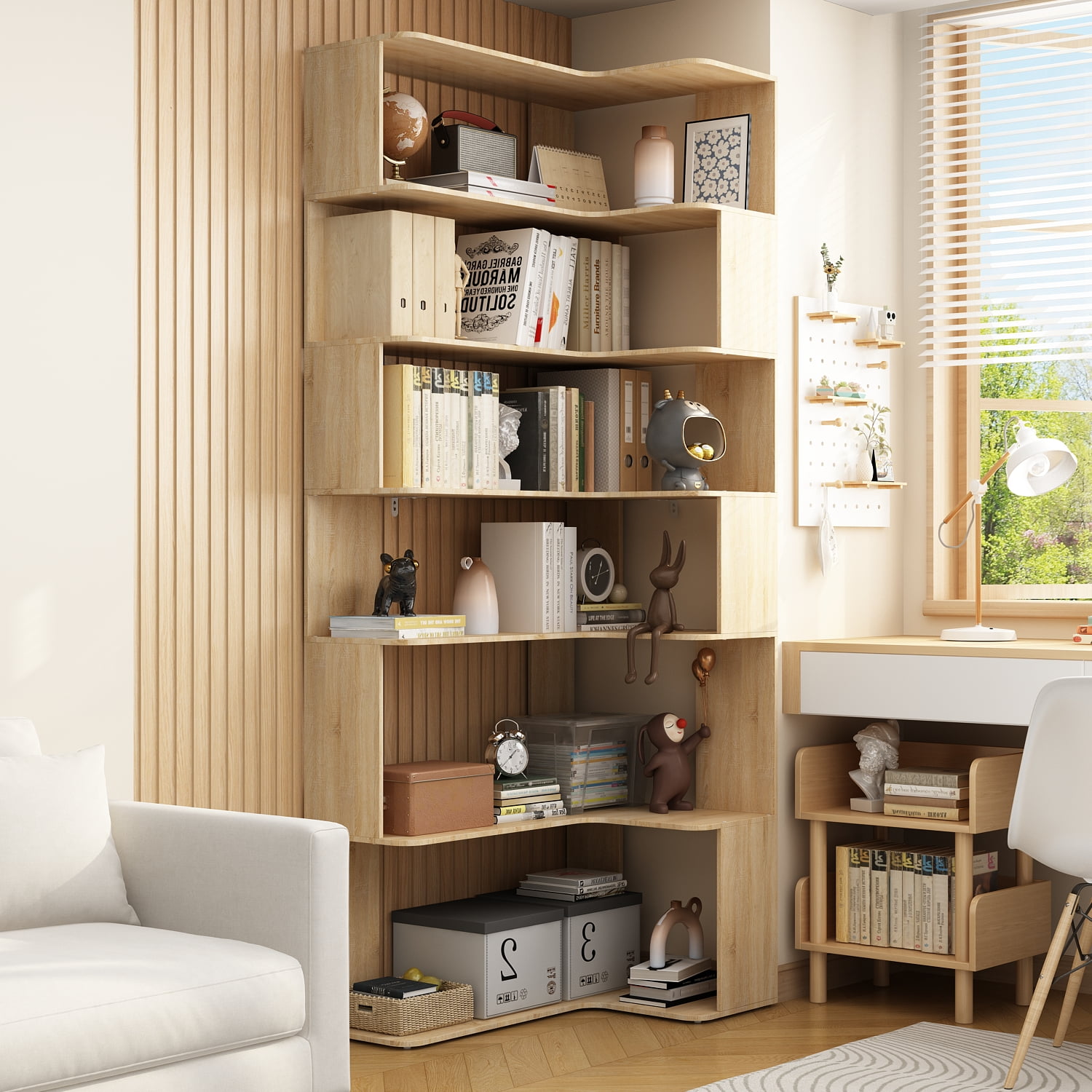 WIAWG 7-Tier Corner Bookcase Bookshelf, Modern Mid Century, Extra Tall, Natural Oak