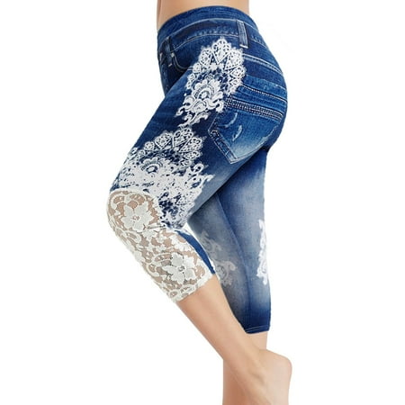 Fashion Women Plus Size Lace Leggings No Front Seam Printing Splice Elastic Waist Casual Womens Work Clothes Casual Leggings Pants Boot Cut Leggings Lined Leggings Women Petite High Waist