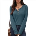 thumbnail image 3 of Blusas de Mujer, Corte Entallado, Cuello en V, Botones, Camisa Henley Gris Azulado XL, 3 of 10