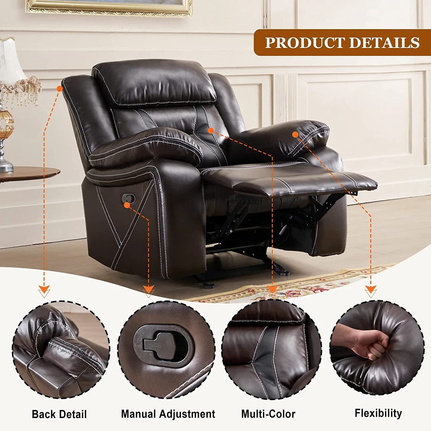 Leather Recliner Chair Home Theater Seating with Rocking Glider Reclining Rocker PU Faux Manual Sofa