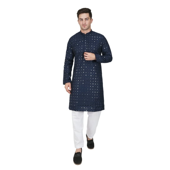 TRILOKI Mens Embroidered Sequined Kurta Pajama Set Rayon Ethnic Indian Traditional Wear Wedding Designer Ethnic Diwali Puja Kurta Payjama Set