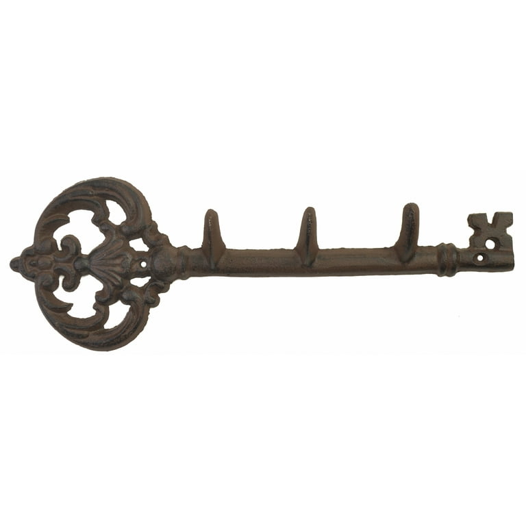 Cast Iron Wall Hook Rack - Antique Skeleton Key Style - 3 Hooks - 11.5 Long