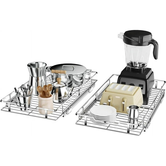 Pull Out Cabinet Organizer, 2 Pack Heavy Duty Slide Out Pantry Shelves Sliding Drawer Storage For Kitchen, Bathroom, Home, 12" W x 21" D, Chrome Finish（NEED 13" W and 22" D Cabinet）