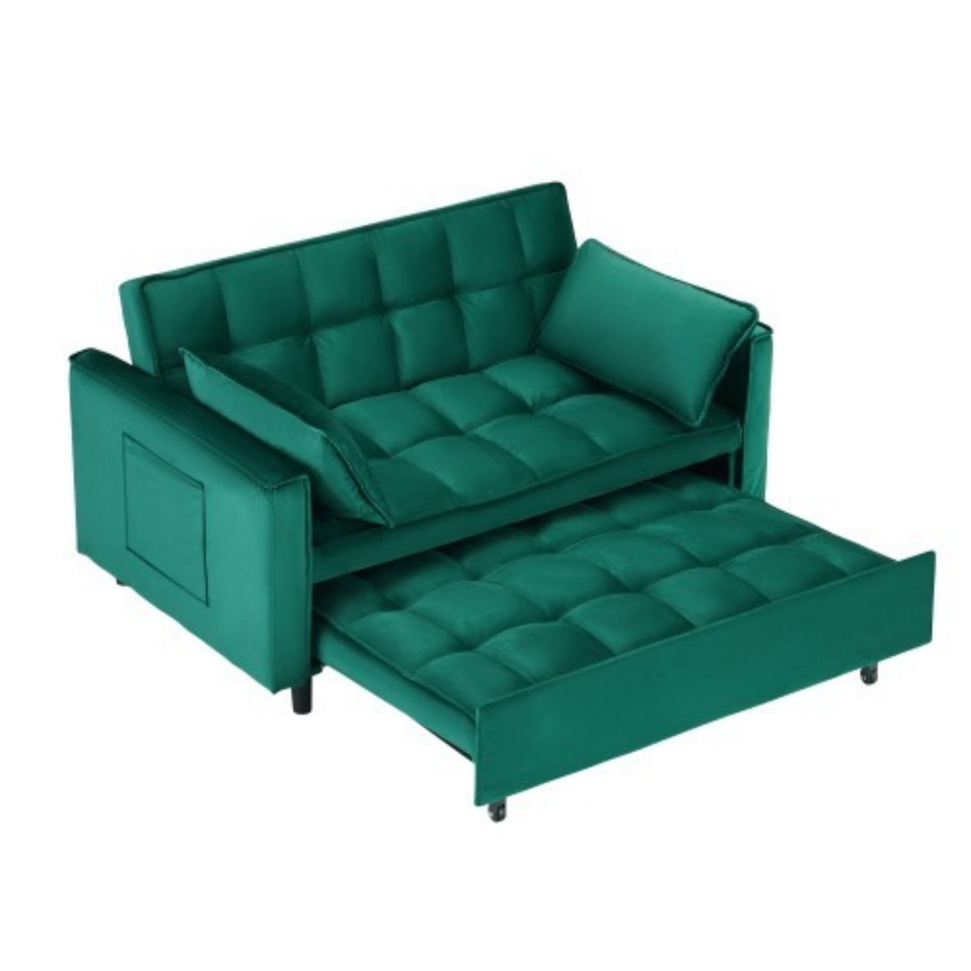 Velvet Loveseat Sofa Bed, 3-in-1 Convertible Sleeper Couch with Pullout Bed & Reclining Backrest, Green