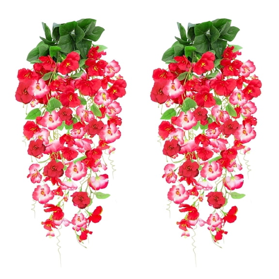 2 Pcs Artificial Hanging Hibiscus Flowers for Outdoors UV Resistant Faux Silk Red Pink Trailing Vines for Porch Patio Planter