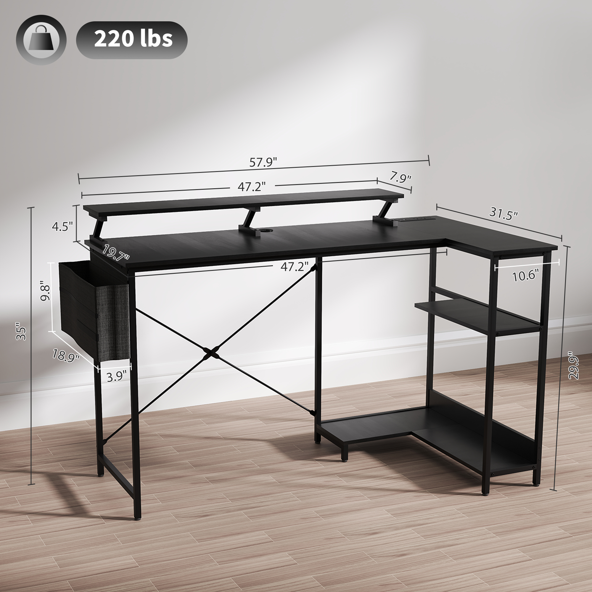 HOMCOM 58" Reversible L Shaped Desk with Storage Bag, Corner Computer Desk with Power Outlet and LED Light, Monitor Shelf and CPU Stand, Black