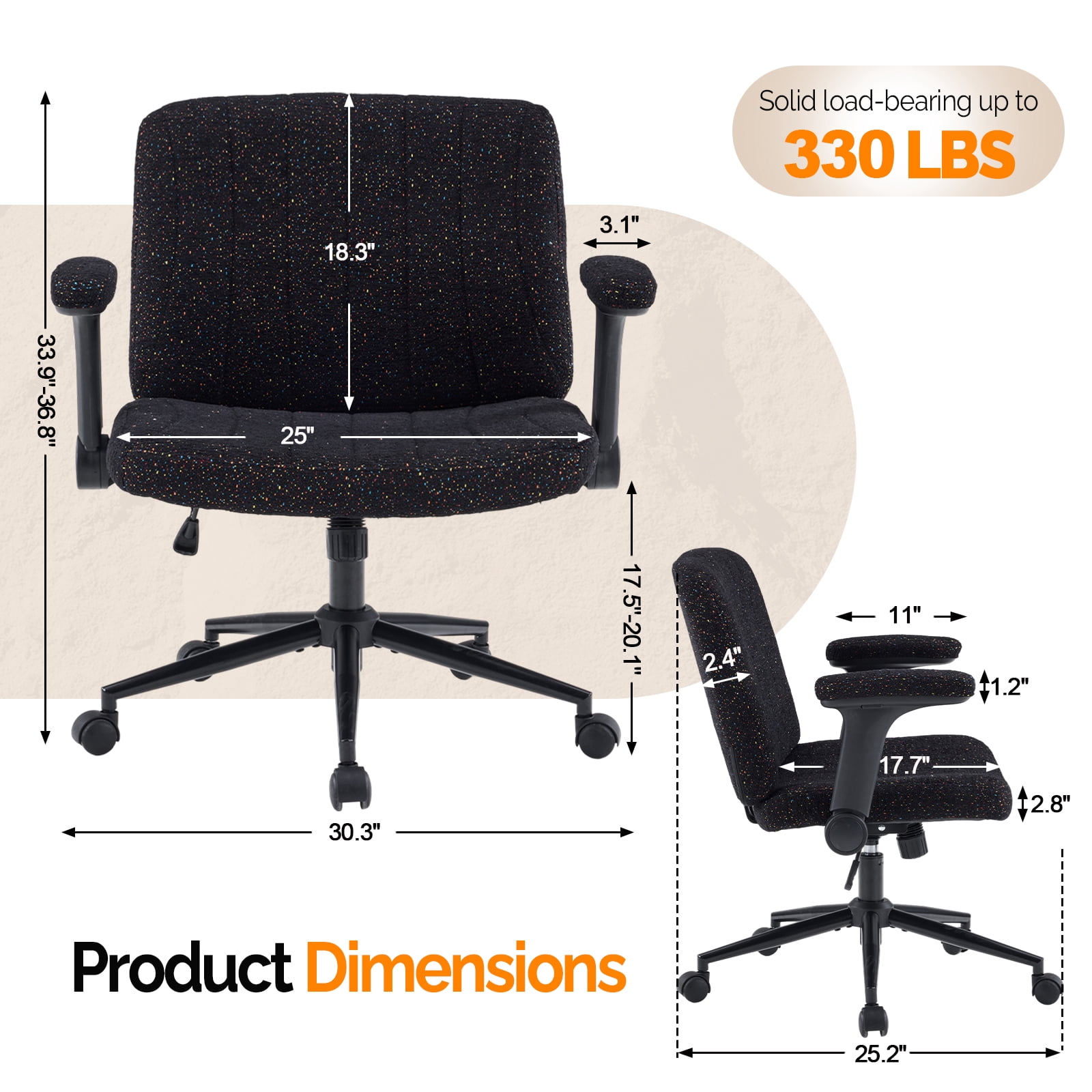 Ktaxon Office Chair, Flip-Top Armrest Desk Chair on Metal Star Base, Starry Chenille Vanity Chair with Adjustable Height & Swivel Wheels Black