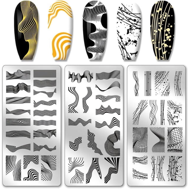 Juego de 3 placas para estampar uñas con textura de líneas, estampador de uñas con líneas onduladas, plantillas para uñas, placas de acero inoxidable con imágenes para uñas.
