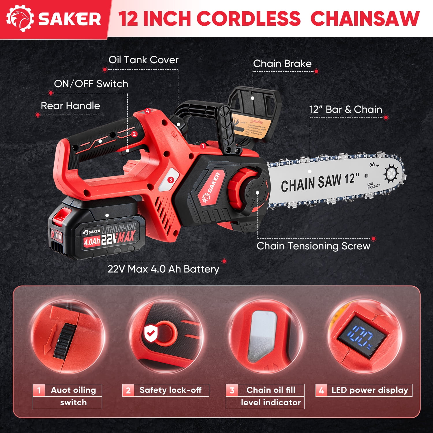 Saker 12" 22V 4.0Ah Battery Powered Chainsaw, Auto-Tension, LED Power Display