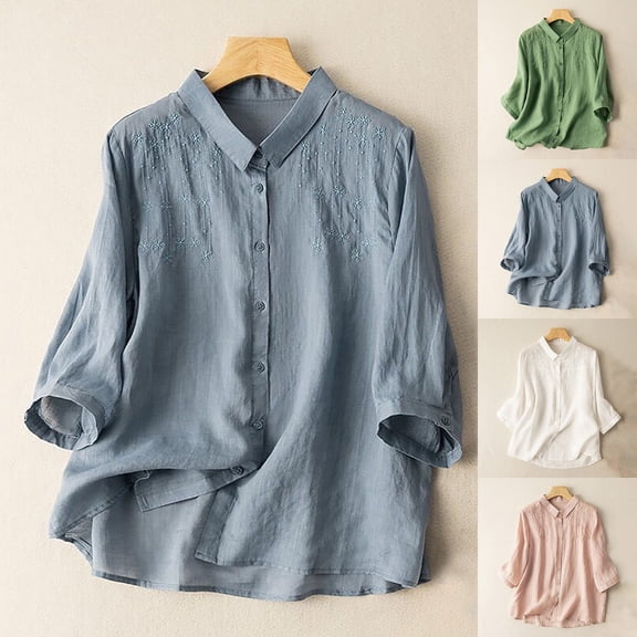 DDAPJ pyju Womens Vintage Floral Embroidery Blouse Long Sleeve Cotton Linen Button Down Shirts Dressy Casual 3/4 Sleeve Collared Blouses Tops on Clearance Blue L