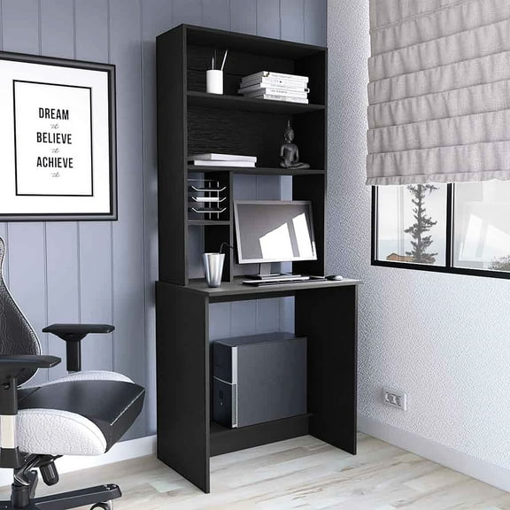 Computer Desk With Black Finish, Four Shelves, 29.9"h Legroom, 27.1"w X 9.4"w Upper Inner Particle Board 17.8"d 24.8"w Office Work Surface,