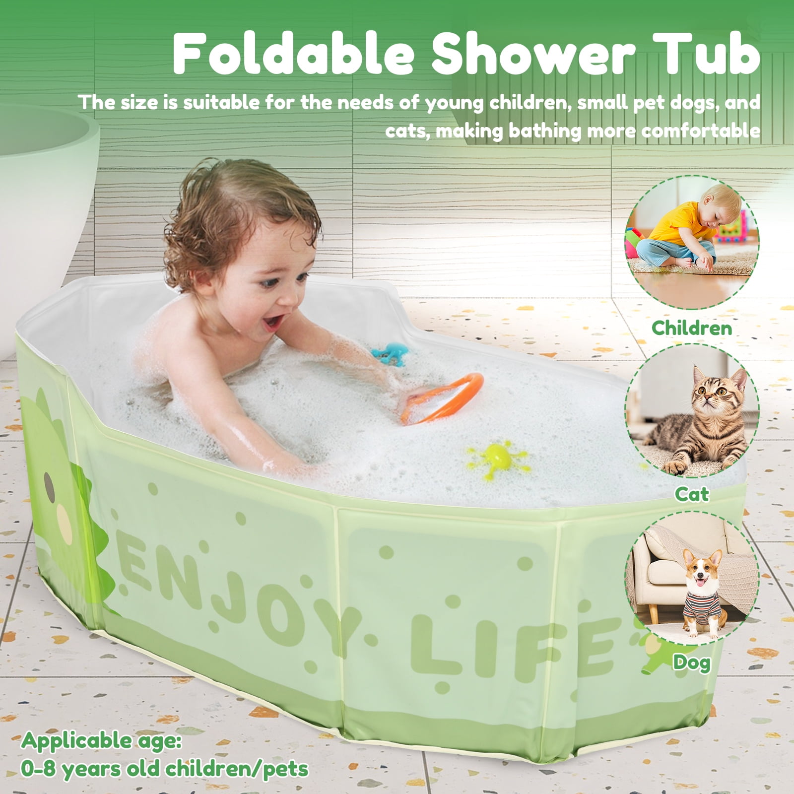 Ikoopy Foldable Kid Bathtub for Shower Portable Toddler Baby Bathtub with Drainage Design Space Saving for 0 to 8 Years Old Children Pet Travel