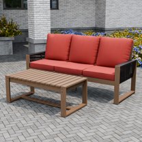 INTER HUT 2 Piece Cedar Patio Conversation sets, Modern Solid Wood 3-seater Sofa Couch with Cushion and Coffee Table, for Garden, Backyard, Red