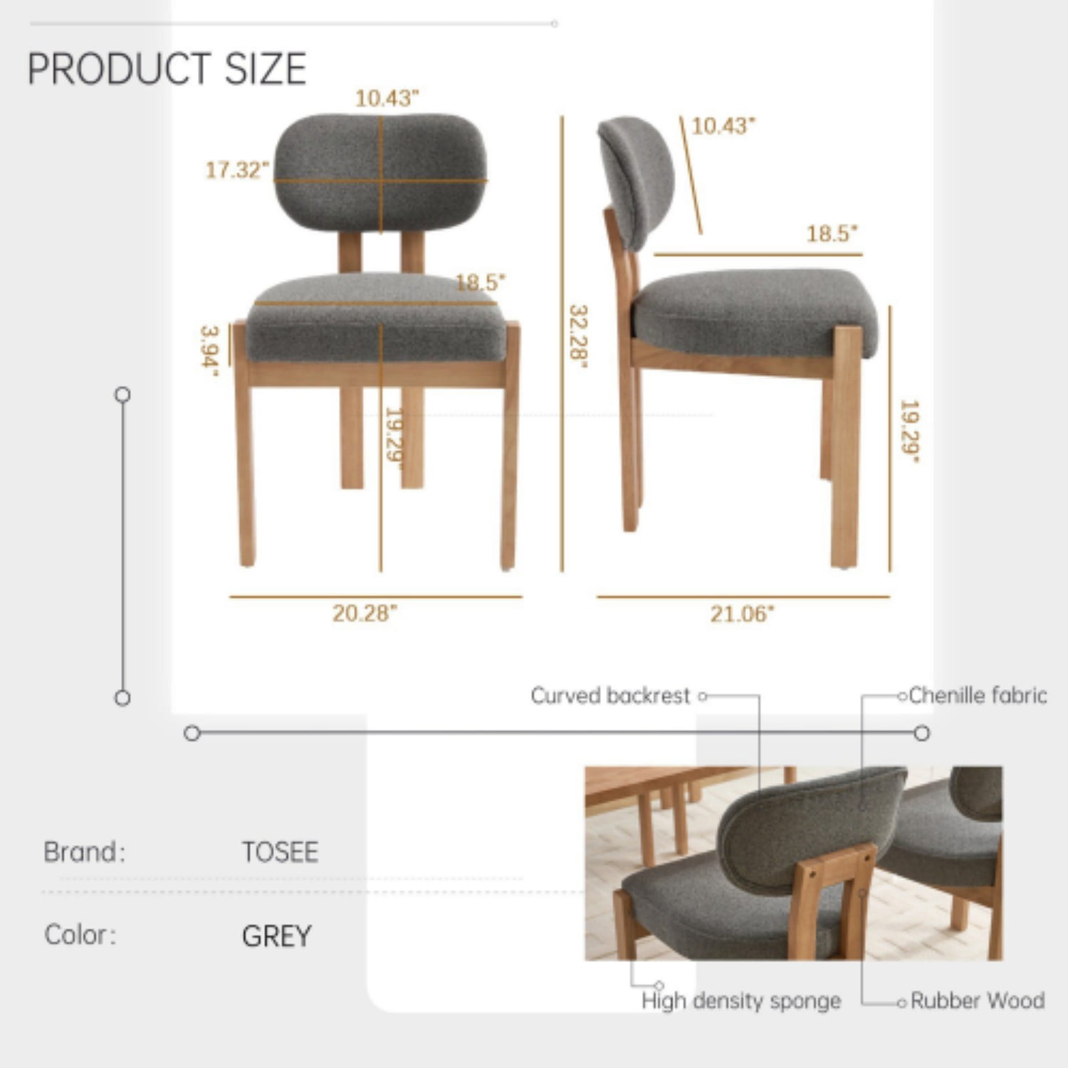 Dining Chairs Set of 2, Chenille Upholstered Wood Kitchen Chairs, 3.95" Thick Foam Cushion Wingback Dining Room Chairs, Grey