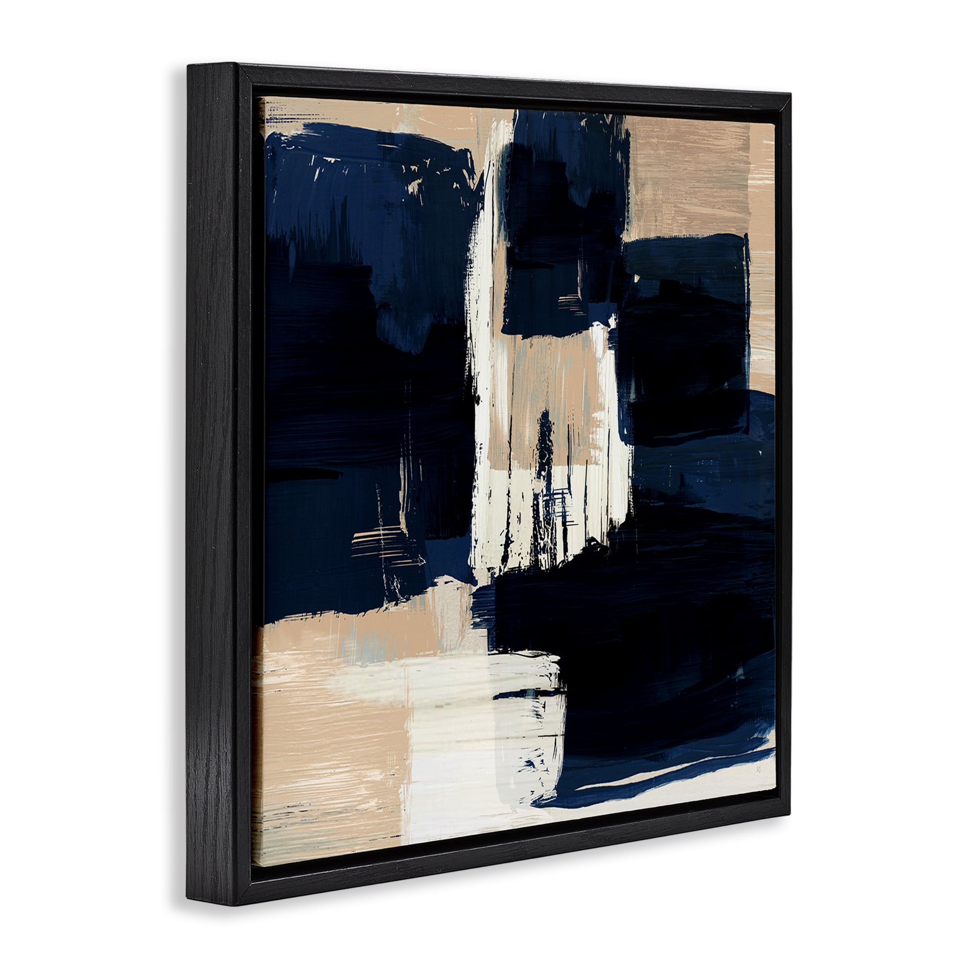 Stupell Industries Restless Blue & Tan Shapes Abstract Painting Black Floater Framed Canvas Art Print Wall Art, 25 x 25