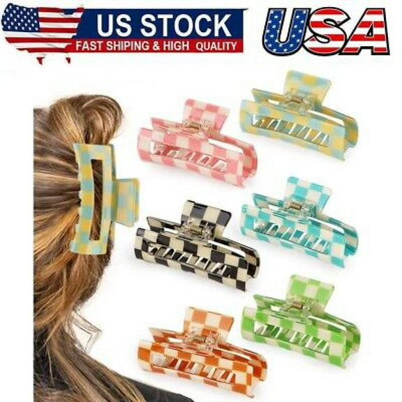 6 Pack Checkered Hair Claw Clips,3.1", Multicolored Square Medium Hair Clips