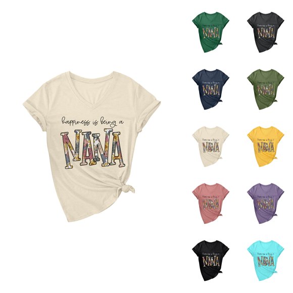 T-shirts pour Femmes « Hapiness Is Being A Nana » 2026 Été Décontracté Manches Courtes Col en V Mignon T-Shirts Graphiques Grand-Maman T-Shirt Fête des Mères