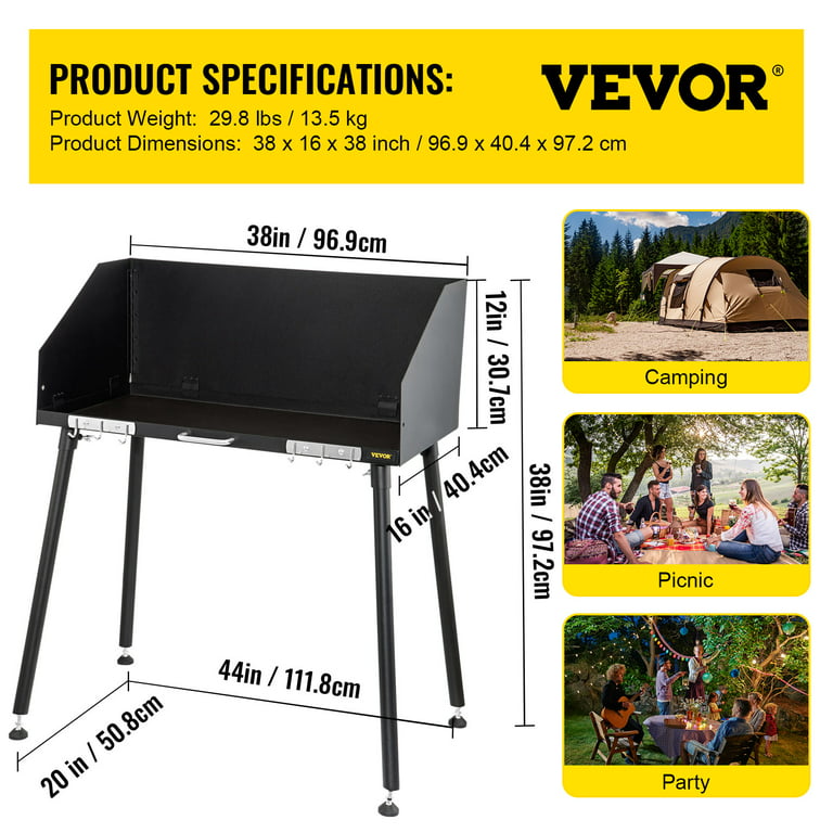 VEVOR Carbon Steel Camp Cooking Table 38 x 16 Inch with Three