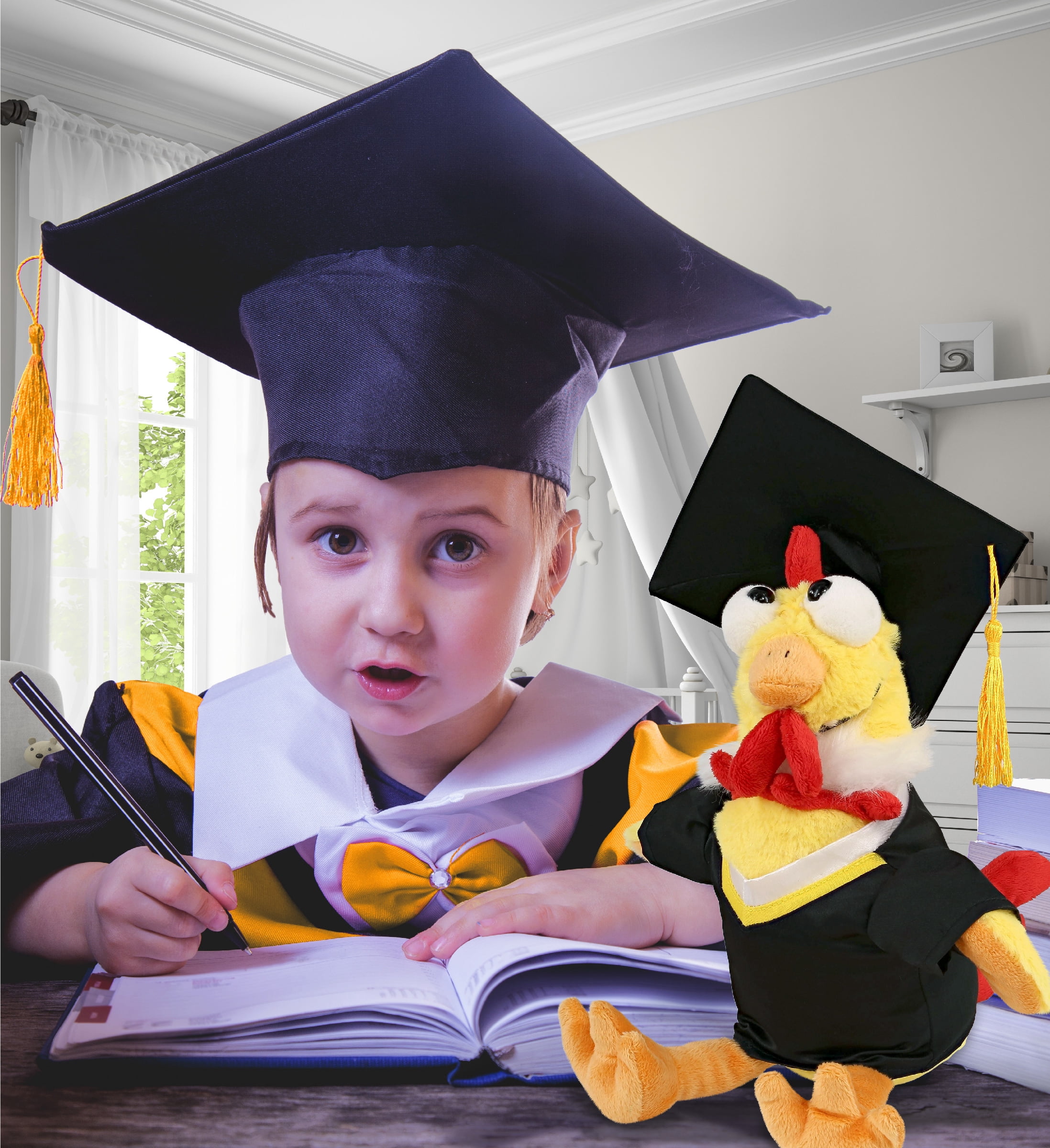 DolliBu Yellow Rooster Graduation Plush Toy - Super Soft Rooster Graduation Stuffed Animal Dress Up with Gown and Cap with Tassel Outfit - Reward Celebration Grad Gift - 10.5 Inch