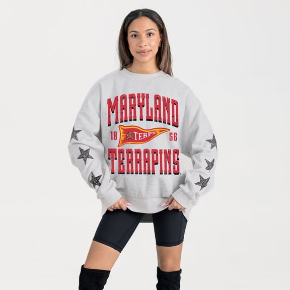 Women's Gameday Couture Ash Maryland Terrapins Oversized Pennant Pride Rhinestone Star Sleeve Sweatshirt