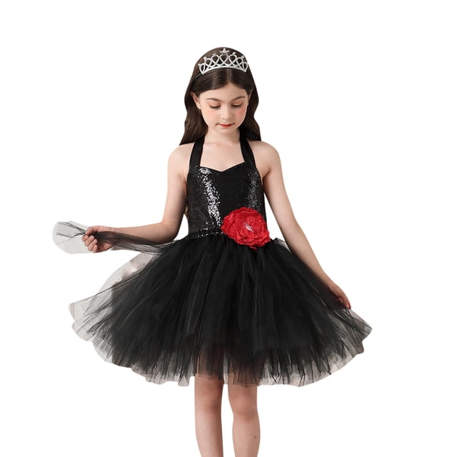 toraway Robes Noires Mignonnes pour Filles 14-16 Robe d'Été Mode Robe Princesse Robe Décontractée Robe Tutu en Tulle avec Fermoir à Cheveux Ensemble 2 Pcs 8-9 Ans