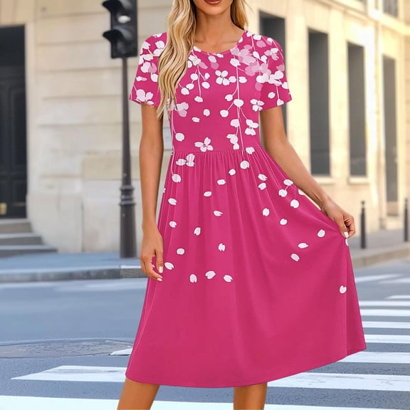 Karymi Summer Dress Crew Neck Short Sleeve Floral Print Midi Dress, Gathered Empire Waist Loose Flowy Summer Casual Sundress Womens Dresses
