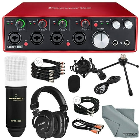 Focusrite Scarlett 18i8 USB 2.0 Audio Interface Platinum Kit W/ Marantz Professional Large-Diaphragm Condenser Microphone, Cables, Tascam Mixing Headphones, FiberTique Cleaning Cloth