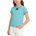 thumbnail image 2 of Fengqque Girl's T-shirt Summer Short Sleeve Tops Bow Lettuce Trim Crew Neck Shirts Loose Fit Casual Basic Tees Blue 7-8 Years, 2 of 7