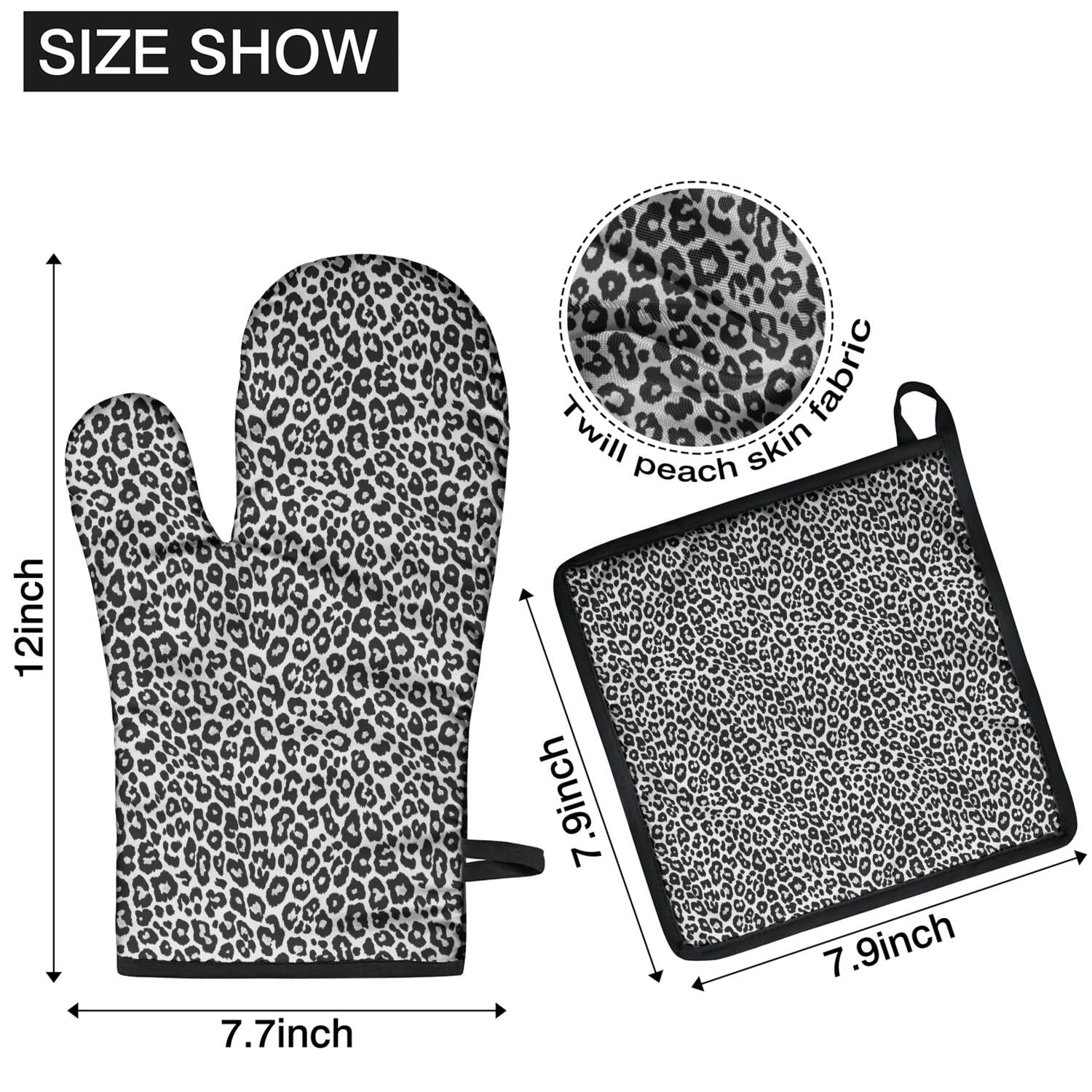 Leopard Print Oven Mitts and Pot Holders Set Of 4, Heat Resistant Kitchen Gloves with Non-Slip Grip, Hanging Loop, Soft Cotton Lining for Baking, Cooking, Grilling, Barbecue