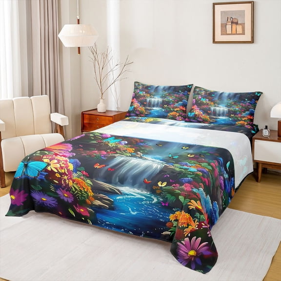 Manfei Rainbow Rustic Flowers Twin Sheet Sets,Waterfall Landscape Twin Fitted Sheet,Beauty Natural Scenery Flat Sheet For Teens,Ultra Soft Home Decor,3pcs