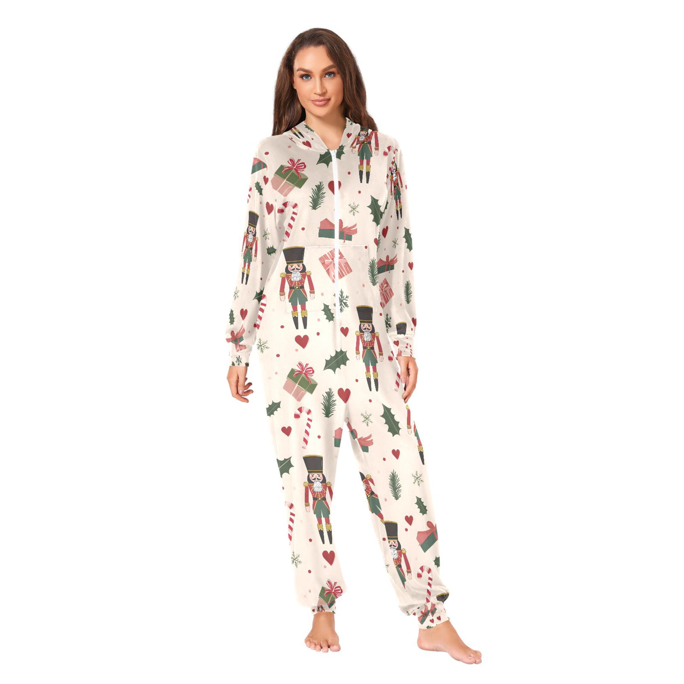 Adult Christmas Onesie Christmas Nutcracker Leave Heart Snowflake Adult Zipper One-Piece Pajamas Unisex Pajamas with Pockets