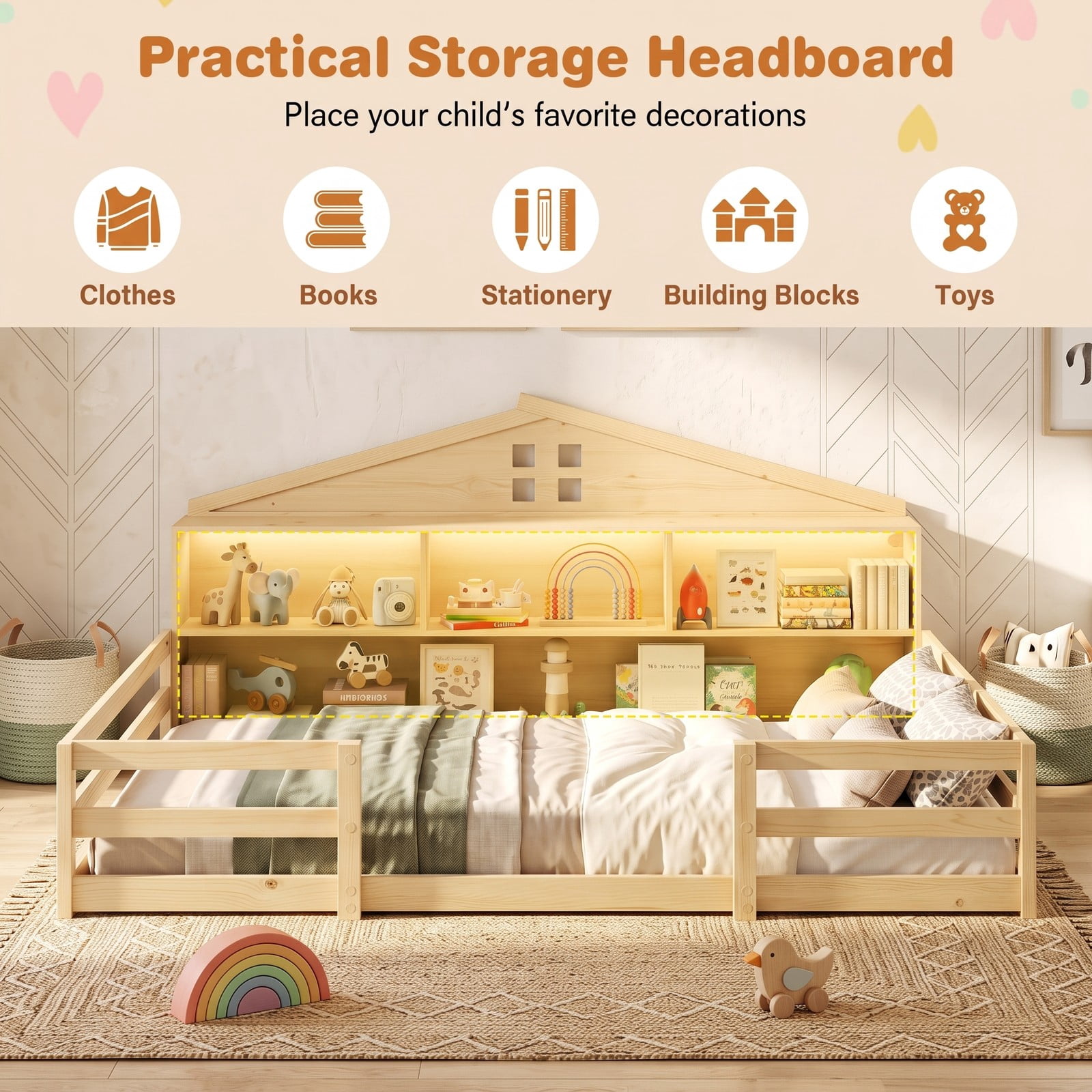 Furnibear Full Size Bed Frame, Montessori Floor Bed with House-Shaped Storage Headboard, Guardrails and Built-in LED Lights for Kids Room, Natural