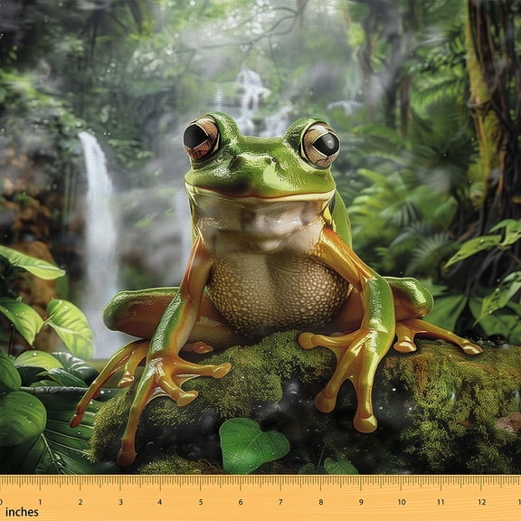 jejeloiu Green Frog Fabric by the Yard 1 Yard, Nature Jungle Waterfall Sewing Fabric, Botanical Branches Leaves Room Decor Fabric by the Yard, Luxury Bedroom Decor