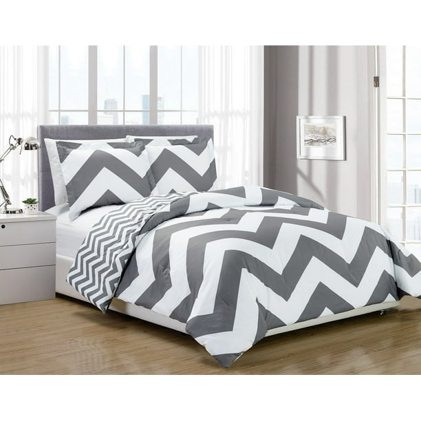 3 Piece Reversible Chevron Zig Zag Duvet Cover Set With Corner