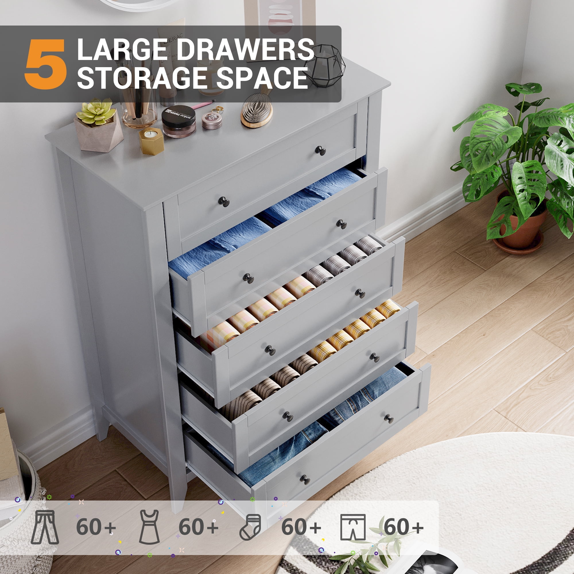 Homhougo Dresser for Bedroom with 5 Drawers, Tall Wood Organizer Storage Cabinet with Round Handle, Chest of Drawers for Closet, Living Room, Hallway, Nursery, Kids Bedroom, Gray