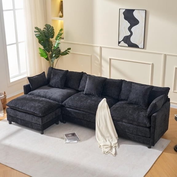 108" Modular L-Shaped Sofa with Ottoman, Chenille Deep Seat Cloud Couch for Living Room and Apartment, Black